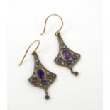 A PAIR OF VINTAGE STYLE FLARED DROP EARRINGS SET WITH AMETHYSTS AND DIAMONDS. (Amethysts approx 1.
