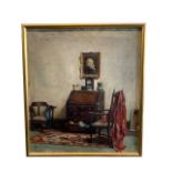 A LATE 19TH CENTURY BRITISH SCHOOL OIL ON CANVAS, INTERIOR SCENE Furniture and Old Master