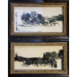 A PAIR OF 19TH CENTURY REVERSED GLASS Paintings coaching scenes in ebonised and gilt frames. (50cm x