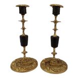 A PAIR OF 19TH CENTRALLY PROVINCIAL GILDED BRONZE BRASS BALUSTER KNOPPED COLUMN TRUMPET FORM