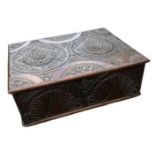 A 17TH CENTURY FLORAL CARVED OAK BIBLE BOX. (69cm x 52cm x 26cm) Condition: two shrinkage splits