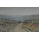 AN EARLY 20TH CENTURY WATERCOLOUR, LANDSCAPE, TRACTOR AND DRIVER ON A WINDING PATH Indistinctly