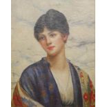 A 20TH CENTURY CONTINENTAL SCHOOL OIL ON CANVAS, HEAD AND SHOULDERS PORTRAIT OF A YOUNG LADY WEARING