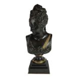 A 19TH CENTURY PATINATED BRONZE BUST, NEOCLASSICAL GRECIAN LADY Some gilded decoration, raised on