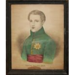 A LATE 19TH CENTURY HAND COLOURED ENGRAVING OF YOUNG NAPOLEON Wearing a green jacket, framed and