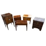 THREE GEORGIAN MAHOGANY COMMODE STOOLS Along with bedside cupboard and an oak bedside chest with
