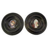 A PAIR OF 19TH CENTURY CIRCULAR OILS ON PORCELAIN MINIATURE PORTRAIT STUDIES, MEDIEVAL LADIES' In