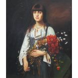 A 20TH CENTURY CONTINENTAL SCHOOL OIL ON CANVAS, PORTRAIT OF A YOUNG LADY WITH A BOUQUET OF