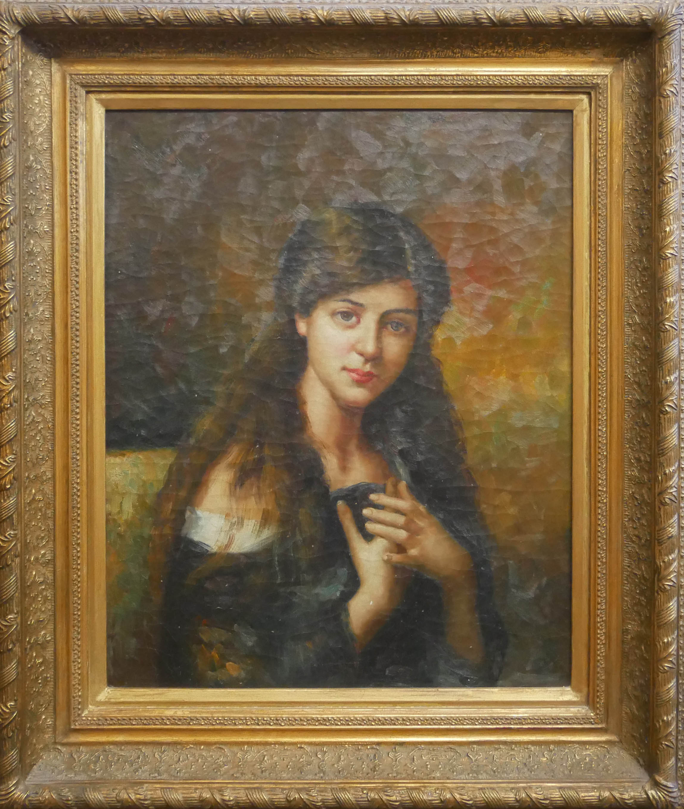 A 20TH CENTURY CONTINENTAL SCHOOL OIL ON CANVAS Portrait of a young lady with hands crossed, - Image 2 of 3
