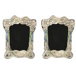 A PAIR OF STERLING SILVER AND ENAMEL ART NOUVEAU STYLE PHOTOGRAPH FRAMES With butterfly