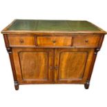 A VICTORIAN MAHOGANY DESK With green tooled leather above three drawers and cupboards. (97cm x