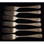 A SET OF SIX EARLY 20TH CENTURY SILVER SIDE FORKS Initialled 'B' on handle, Sheffield, 1918, by