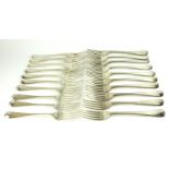 A MATCHED SET OF TWENTY GEORGIAN SILVER DINNER FORKS Scroll top with engraved family crest,