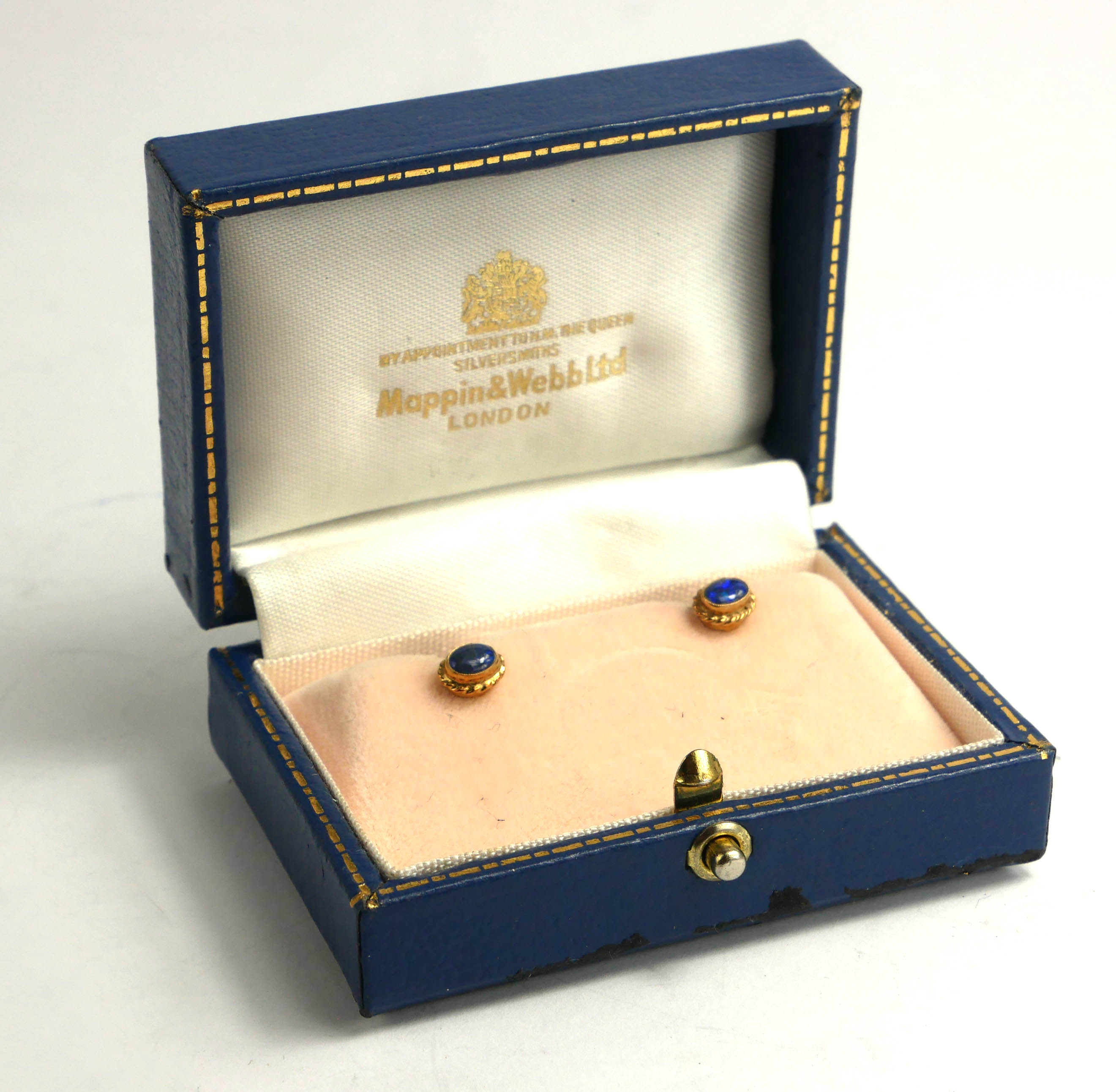 MAPPIN & WEBB, A PAIR OF YELLOW METAL AND BLUE OPAL EARRINGS Cabochon cut stones with stud backs, in - Image 2 of 3