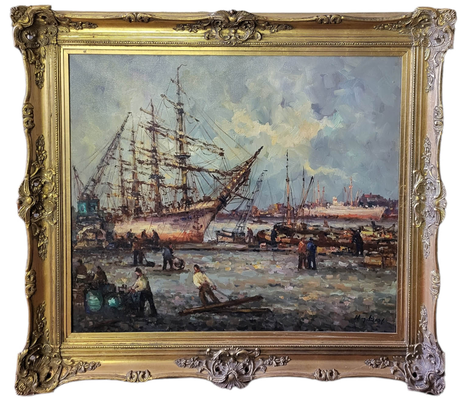 A LARGE 20TH CENTURY OIL ON CANVAS, HARBOUR SCENE Tall ships with figures to foreground,