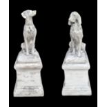 A PAIR OF LIFE SIZE STONE STATUES OF HOUNDS SEATED ON PLINTH BASES. (dogs 92cm, plinths w 50cm x d