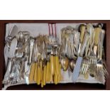 A COLLECTION OF VINTAGE SILVER PLATED CUTLERY To include a set of Queen pattern fish knives and
