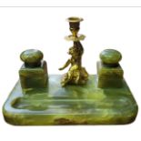 A 19TH CENTURY CONTINENTAL ONYX INKSTAND TWO SECTION DESKTOP INKSTAND Centred with a gilt bronze