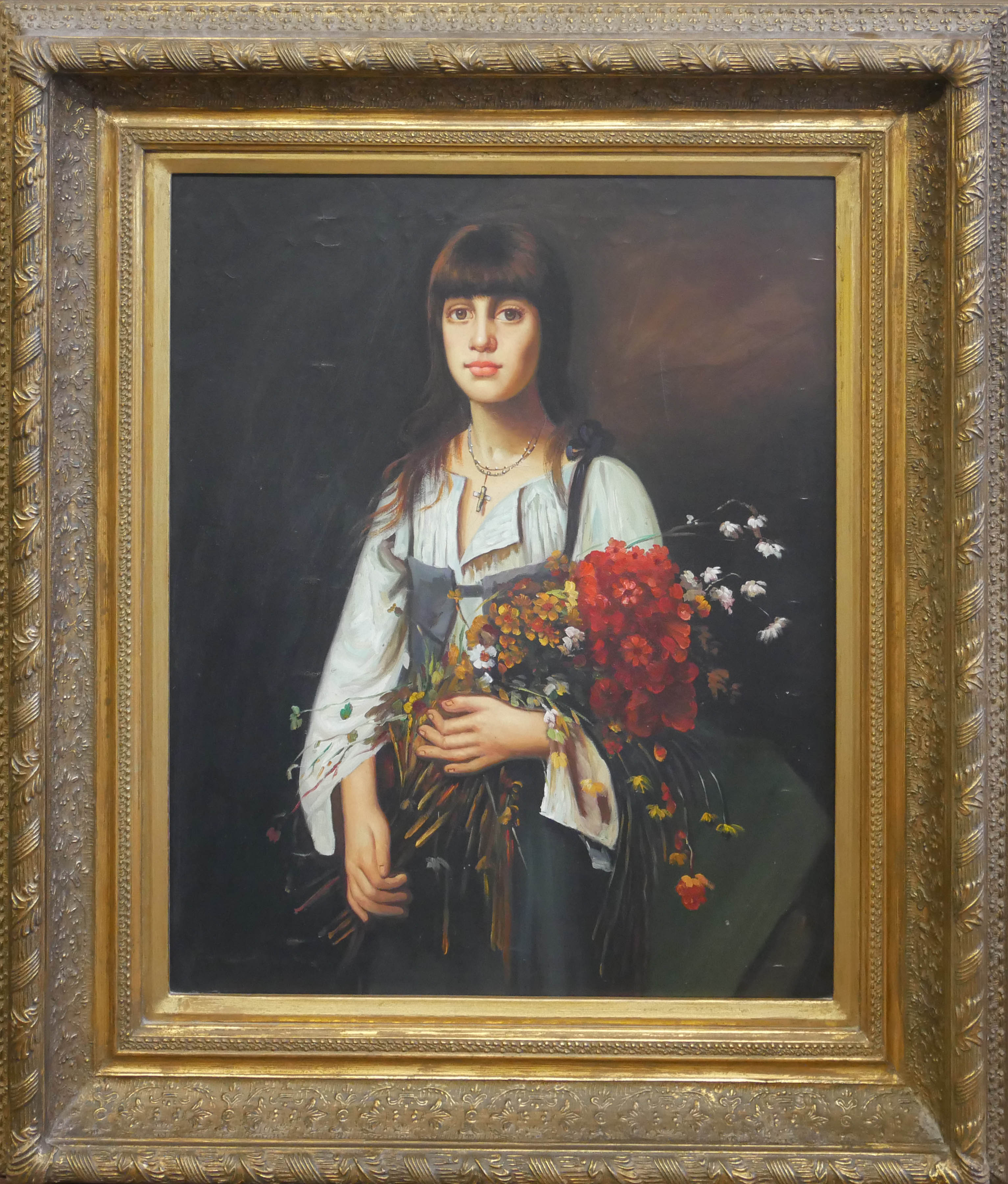 A 20TH CENTURY CONTINENTAL SCHOOL OIL ON CANVAS, PORTRAIT OF A YOUNG LADY WITH A BOUQUET OF - Image 2 of 3