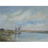 MARK TARLETON, MID 20TH CENTURY OIL ON CANVAS, BRITISH SCHOOL HARBOUR LANDSCAPE WITH BOATS Titled