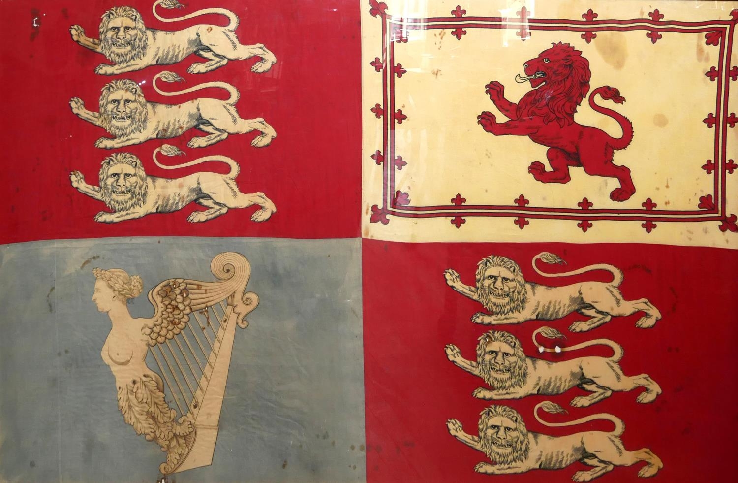 AN 18TH CENTURY ENGLISH IMPERIAL NATIONAL FLAG PAINTED ON COTTON With symbolic three English lions