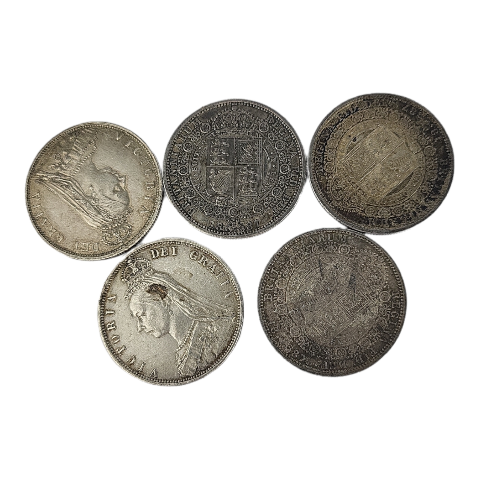 A COLLECTION OF FIVE VICTORIAN SILVER HALF CROWN COINS, DATED 1887 Shield design verso. (approx 3cm,