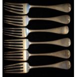 A SET OF SIX LATE 19TH CENTURY SILVER DINNER FORKS Initialled 'B' on handle, London, 1891, by Josiah