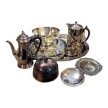A COLLECTION OF VINTAGE SILVER PLATED WARE To include a meat plate with beaded edge, two coffee