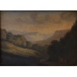 A 19TH CENTURY OIL ON CARD, MOUNTAINOUS LANDSCAPE WITH A SOLITARY Bearing label verso 'Roseberry
