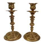 A PAIR OF FINE FRENCH ROCOCO STYLE GILDED BRONZE TABLE CANDLESTICKS, CIRCA 1880 With ornate candle