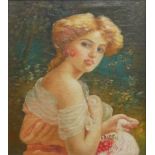 A 20TH CENTURY CONTINENTAL SCHOOL OIL ON CANVAS, PORTRAIT OF A STRAWBERRY BLONDE WITH CHERRIES In an