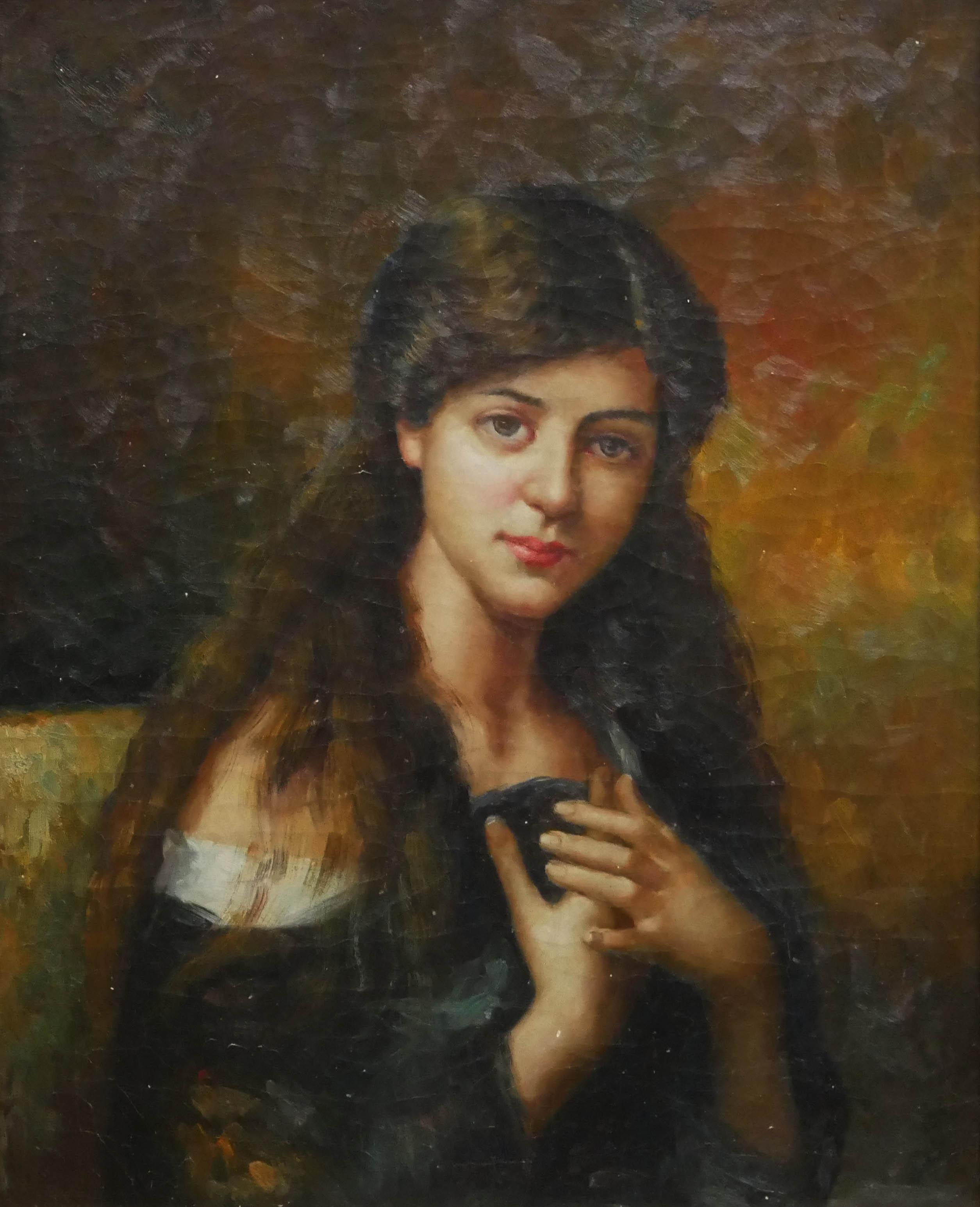 A 20TH CENTURY CONTINENTAL SCHOOL OIL ON CANVAS Portrait of a young lady with hands crossed,