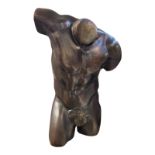 A 20TH CENTURY MALE TORSO BRONZE BUST, LIFE SIZE NEOCLASSICAL AFTER THE ANTIQUE Highly detailed,