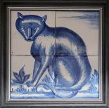 A LATE 18TH/EARLY 19TH CENTURY DELFTWARE BLUE AND WHITE POTTERY 'CAT' TILE PANEL Hand painted with a