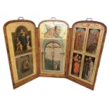 A 19TH CENTURY WALNUT ARCH TOP THREE FOLD FLOOR STANDING SCREEN Insect with Renaissance coloured