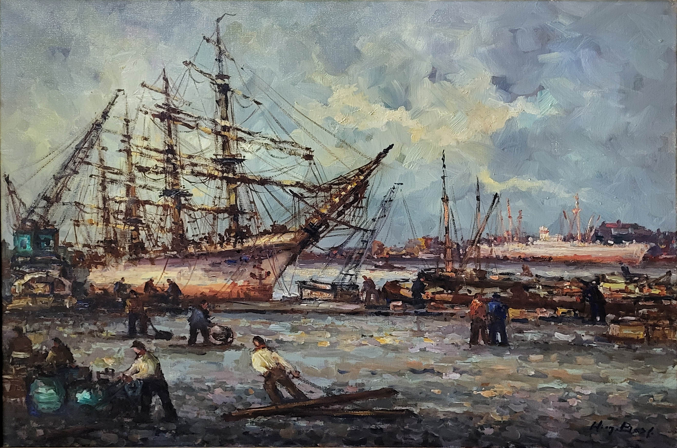 A LARGE 20TH CENTURY OIL ON CANVAS, HARBOUR SCENE Tall ships with figures to foreground, - Image 2 of 4