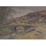 ALBERT KINSLEY, 1852 - 1945, WATERCOLOUR Landscape, a solitary bridge over a mountainous stream,