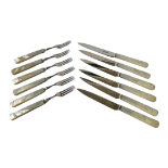 A SET OF EARLY 20TH CENTURY SILVER AND MOTHER OF PEARL DESSERT KNIVES AND FORKS Six place setting