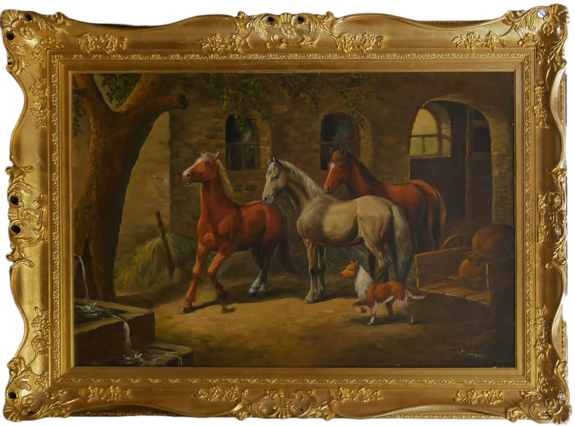 J. KNIGHT, A 20TH CENTURY OIL ON CANVAS Horses in yard with a collie dog alongside, in a heavy