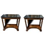 A PAIR OF REGENCY STYLE MAHOGANY CONSOLE TABLES The grey marble tops above planished mirrored backs,
