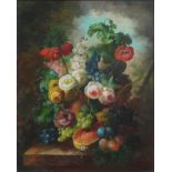 A 20TH CENTURY CONTINENTAL SCHOOL OIL ON PANEL, STILL LIFE, FLOWERS In a heavy decorative gilt