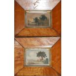 A PAIR OF REGENCY PERIOD 1812 - 1820 RURAL LANDSCAPE VIEWS, WATERCOLOURS Maple walnut framed. (8cm x