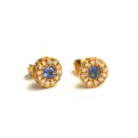 MAPPIN & WEBB, A PAIR OF 18CT GOLD, SAPPHIRE AND DIAMOND CLUSTER EARRINGS Spherical cut central