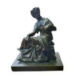 A 19TH CENTURY PATINATED BRONZE FIGURE, AN ELEGANT ANCIENT ROMAN LADY IN SEATED POSITION Raised on a