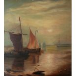 E.F. TURNER, AN EARLY 20TH CENTURY OIL IN CANVAS, SEASCAPE Harbour scene, fishing boats and a tall