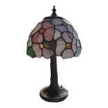 A TIFFANY OF NEW YORK STYLE BEDROOM LAMP BASE With multi mosaic decorated shade. (h 35cm) Condition: