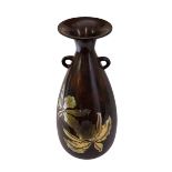 A MID 20TH CENTURY BROWN LUSTRE PATINATED BRONZE BALUSTER VASE Twin handled, one side inlaid with