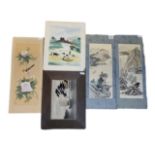 A COLLECTION OF FIVE 20TH CENTURY CHINESE WATERCOLOURS ON SILKS To include a pair of mountainous