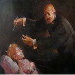 A 20TH CENTURY OIL ON BOARD, 'ABRACADABRA' Unsigned, depicting a Magician hypnotizing a young