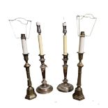 A PAIR OF GEORGE III SHEFFIELD SILVER PLATED CANDLESTICKS MADE FOR TABLE LAMPS And another pair of